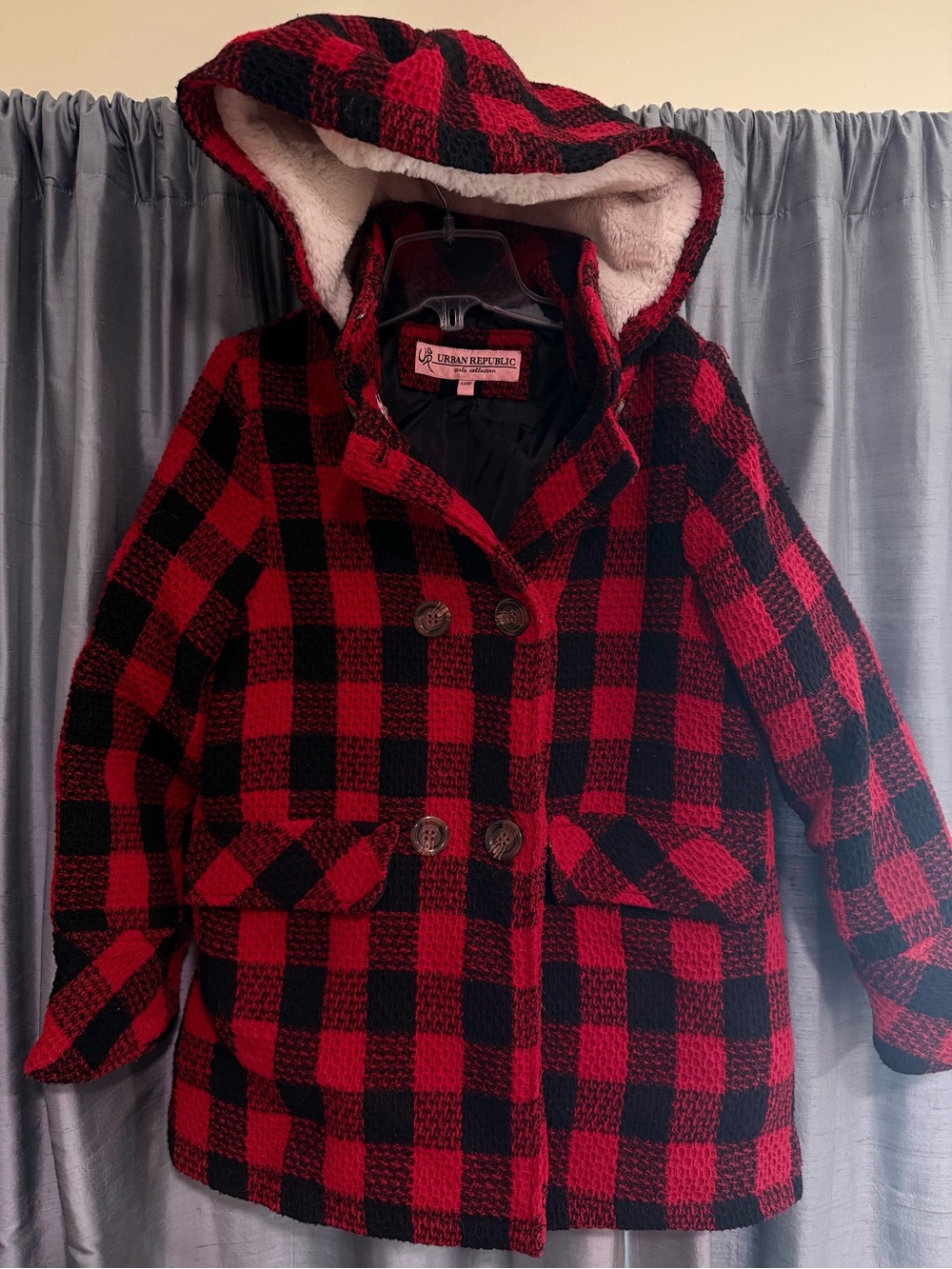 Urban Republic Red and Black Plaid Hooded Pea Coat
